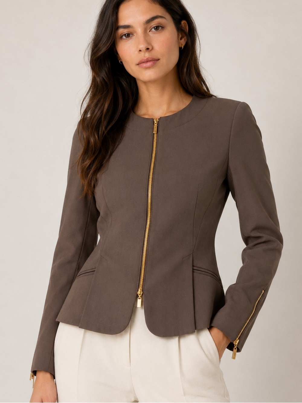 ESCADA Brown Peplum Double Zip Jacket Gold Hardware EU 34 US 2